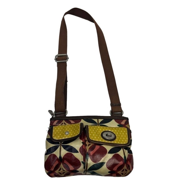 FOSSIL Key Per Coated Canvas Floral Crossbody Bag Red Yellow Turnlock - Picture 2 of 13